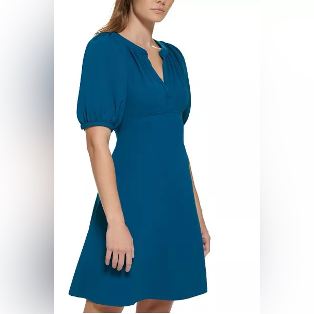 Calvin Klein Women's 6P Teal Blue Split Neck A-Line Mini Dress - Picture 7 of 16